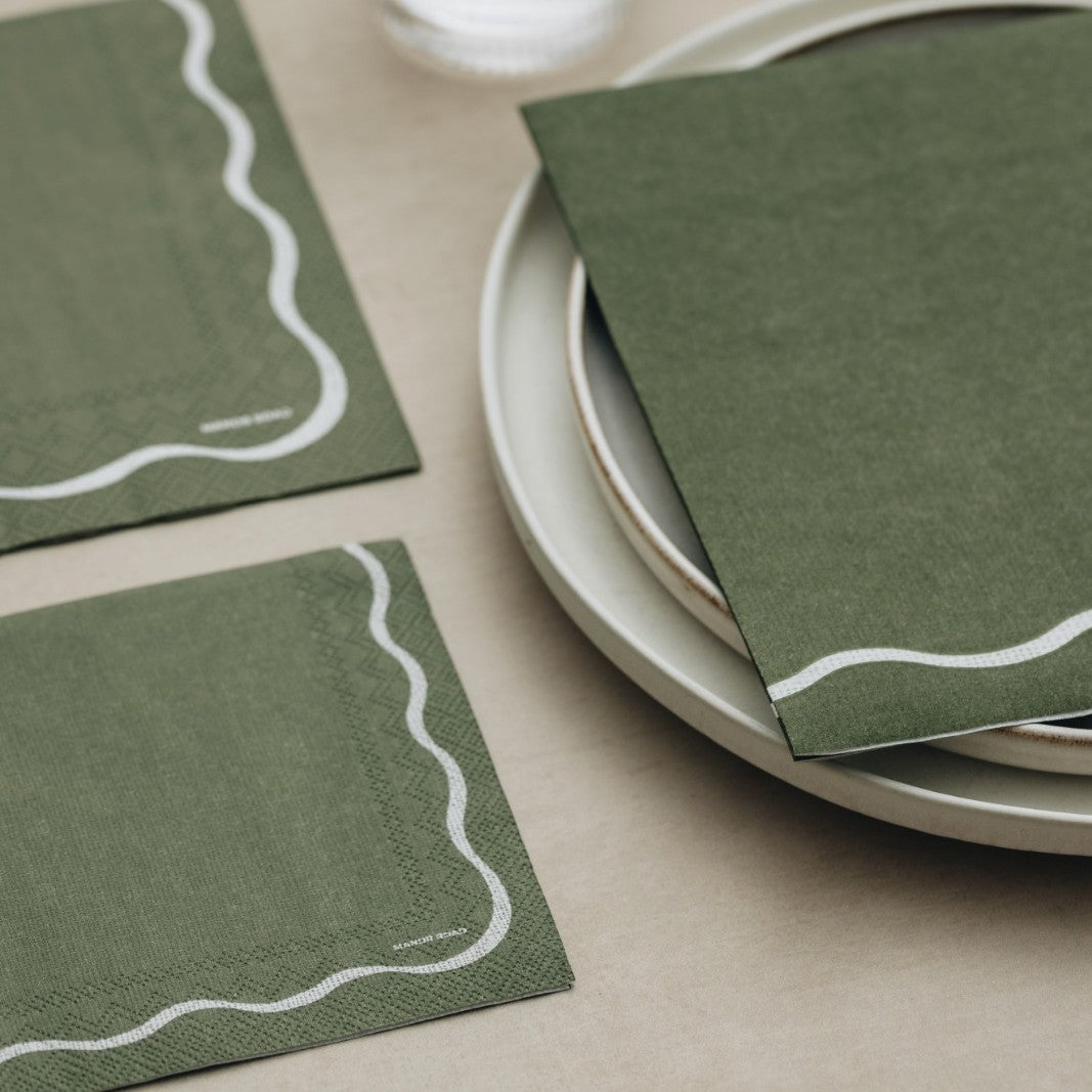 Linen Scallop Olive & White Dinner Paper Napkins- 20pk- Manor Road
