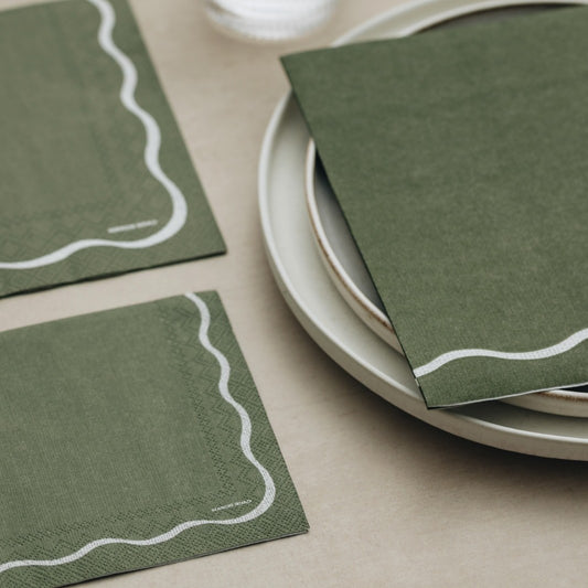 Linen Scallop Olive & White Dinner Paper Napkins- 20pk- Manor Road