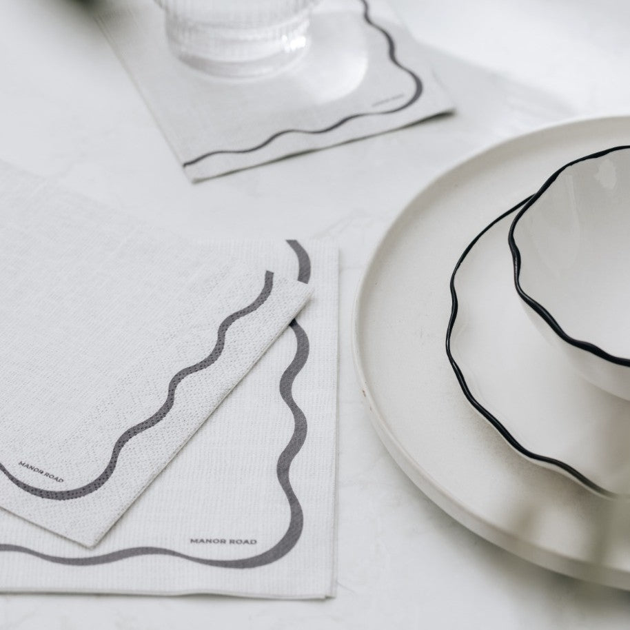 Linen Scallop White & Black Cocktail Paper Napkin- 20pk- Manor Road
