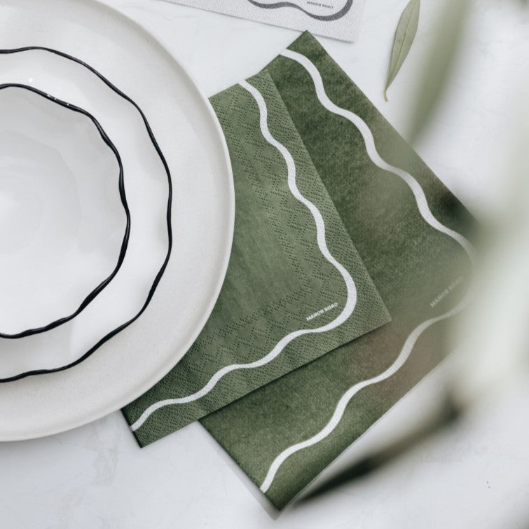 Linen Scallop Olive & White Dinner Paper Napkins- 20pk- Manor Road