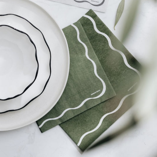 Linen Scallop Olive & White Cocktail Paper Napkin- 20pk- Manor Road