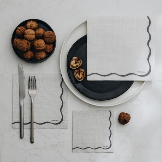 Linen Scallop White & Black Cocktail Paper Napkin- 20pk- Manor Road