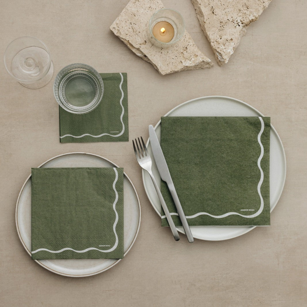 Linen Scallop Olive & White Dinner Paper Napkins- 20pk- Manor Road