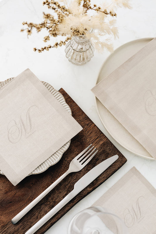 Linen (Monogram Beige) Cocktail Paper Napkins- 20pk- Manor Road