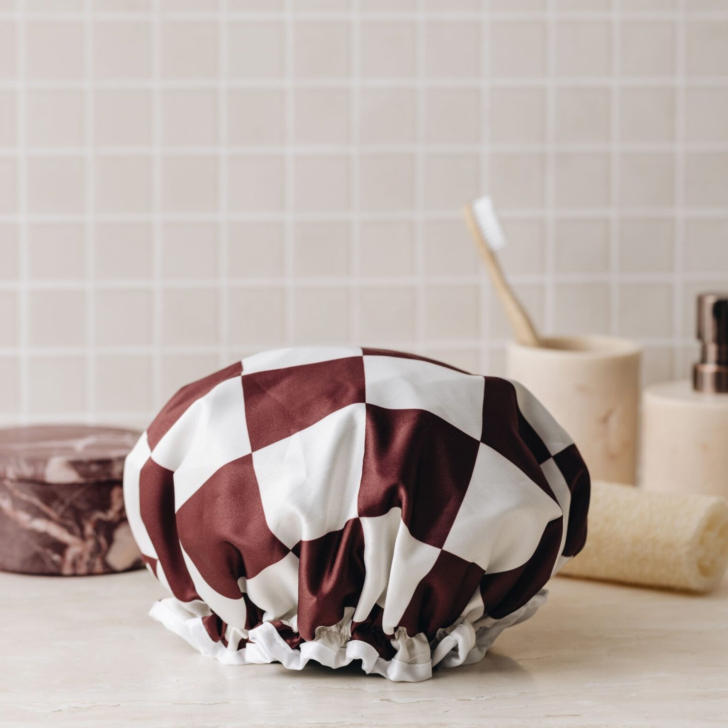 Bordeaux Checker Shower Cap- Manor Road